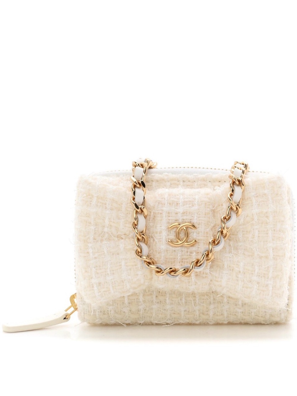 CHANEL Cream Tweed Mini Crossbody with Gold Chain